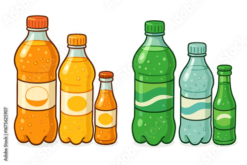 Various bottles of sparkling beverages arranged in two groups, colorful fizzy soda bottles with different designs and sizes, vibrant vector cartoon illustration with transparent background