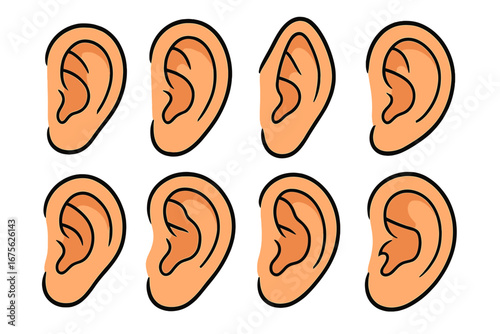 Various Ear Illustrations Showing Different Ear Shapes and Angles for Creative Design Purposes, Vector Cartoon Style Transparent Background, Diverse Ear Types Collection