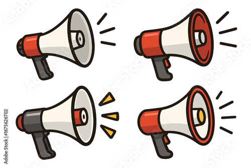 Various megaphone illustrations in multiple styles showing sound, communication, and announcement dynamics at public events, cartoon vector icons for marketing and promotion