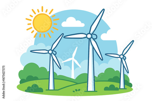 Wind turbines generating renewable clean energy at a sunny green landscape, sustainable power, eco-friendly wind farm, cartoon vector illustration with transparent background