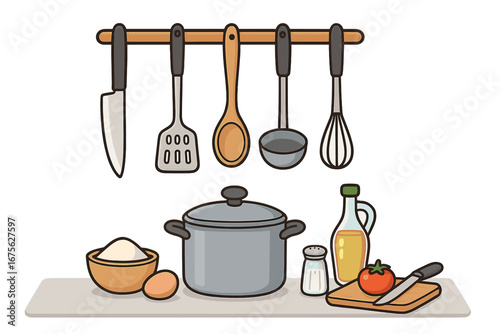 Kitchen utensils and cooking ingredients arranged on a minimalist countertop, vector cartoon illustration with knife, spatula, spoon, ladle, whisk, pot, egg, salt, oil, tomato, cutting board