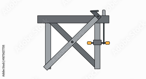 Side profile illustration of a sturdy workbench with a cross-braced frame and an attached vise.