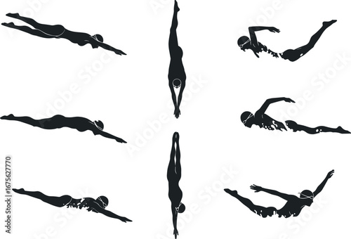 Swimmer silhouette, swimming stroke phases, dive motion, aquatic athlete, sports training, swim cap, goggles, vector illustration, circular layout, dynamic movement, black icons
