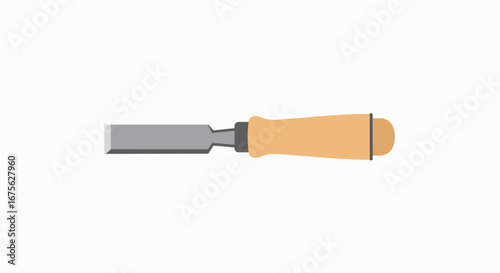 A wood chisel with a wooden handle, isolated on white background.