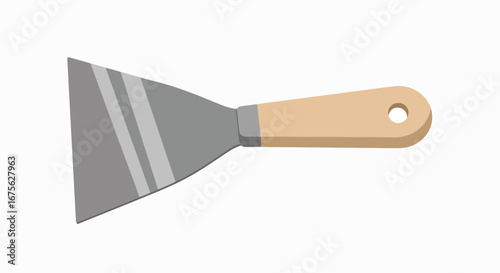 A vector illustration of a putty knife with a wide metal blade and a light brown wooden handle, isolated on a white background.