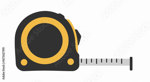 Illustration of a black and yellow tape measure with the tape extended.