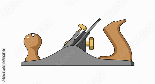 A detailed illustration of a classic woodworking hand plane with a grey body and wooden handles, used for shaping and smoothing wood.