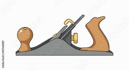 A detailed illustration of a vintage wooden hand plane, a classic woodworking tool.