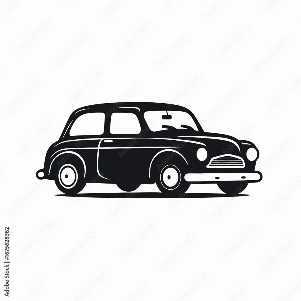 Fototapeta premium Classic compact car with round headlights in minimalist black silhouette