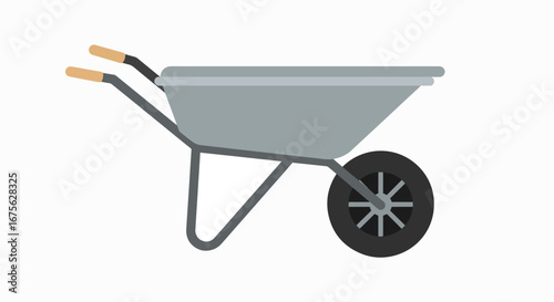 Gray metal wheelbarrow with wooden handles.