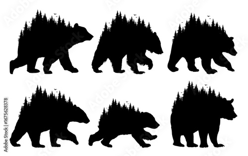 Silhouettes of bears with coniferous forest and birds.
