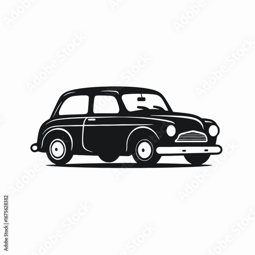 Classic compact car with round headlights in minimalist black silhouette