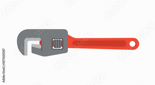 Red-handled pipe wrench, a plumbing tool for gripping and turning pipes.