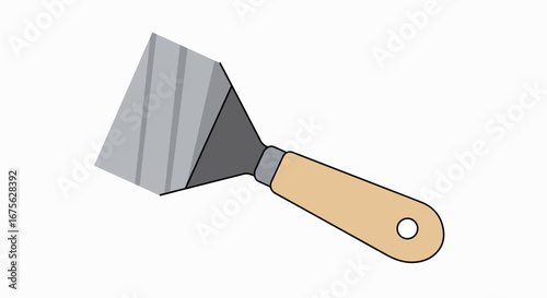 Illustration of a metal putty knife with a wooden handle on a plain white background.