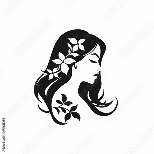 Feminine beauty with floral decorations, minimal monochrome artistic representation silhouette
