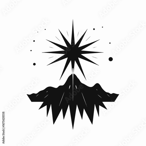 Celestial mountain landscape with stars and planets, a vector graphic silhouette