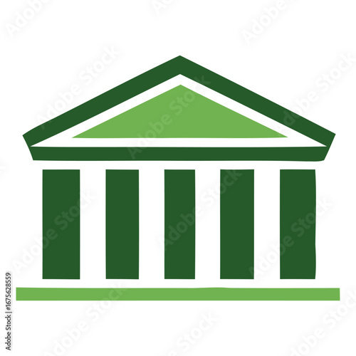 Illustration of a green building facade with triangular roof and several vertical pillars in simple design