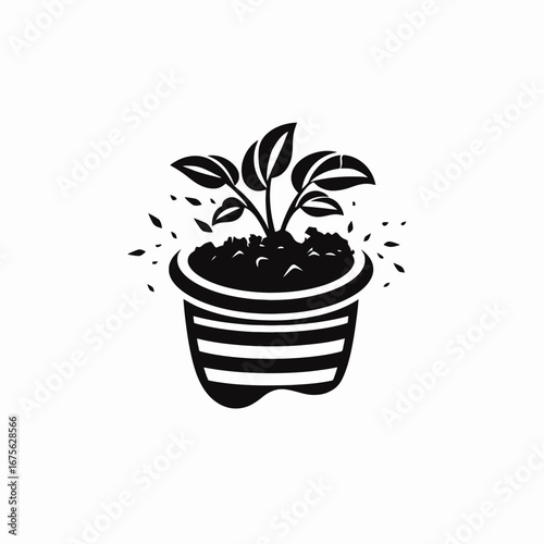 Potted plant with stylish horizontal stripes design in black silhouette
