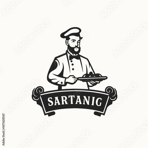 Illustrative chef character logo holding dish, promoting gastronomy excellence silhouette