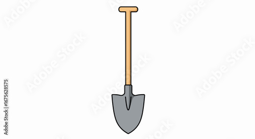 A simple illustration of a shovel with a wooden handle and a metal blade against a white background.