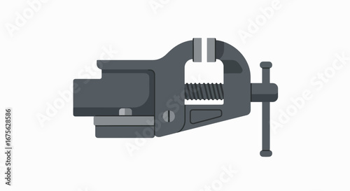 Illustration of a gray metal vise, a tool used to hold an object securely.