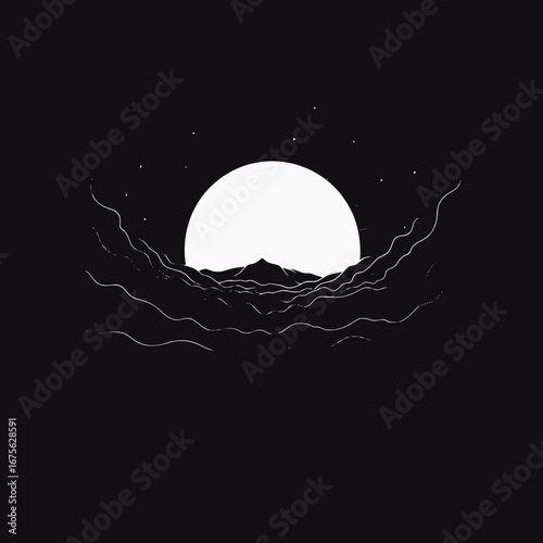 Serene moonlight scene with mountain range in the dark night silhouette
