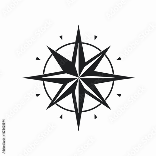Navigation compass rose, precise nautical chart symbol direction, vector graphic silhouette