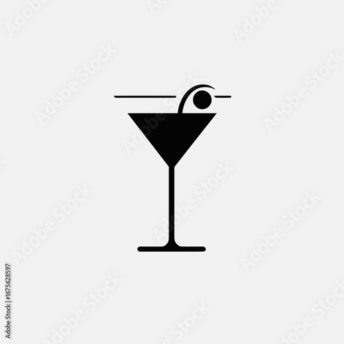 Minimalist cocktail glass with cherry, black and white beverage silhouette