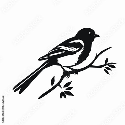 Elegant black and white wagtail bird perched on branch vector silhouette