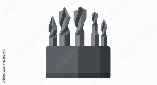 A vector illustration of a set of five assorted metal drill bits in a dark gray holder, isolated on a white background.
