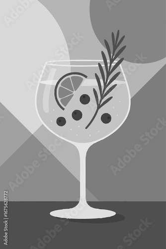 Stylish Cocktail Vector – Flat Design Gin and Tonic with Lime, Rosemary, and Juniper. JPEG, PNG, and Illustrator AI file