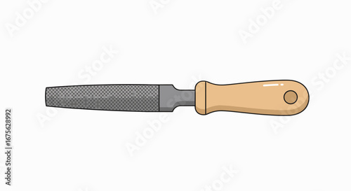 A close-up shot of a metal file with a wooden handle.