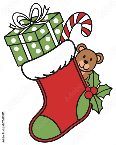 A Christmas stocking. The stocking is red with a white, fluffy cuff and a green heel and toe. It's overflowing with holiday treats and gifts, including a green, polka-dotted present with a white bow.