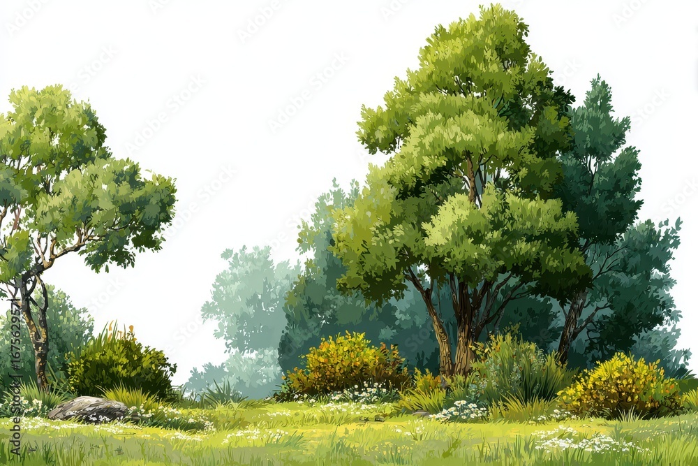 Fototapeta premium Lush green trees and vibrant shrubs create a peaceful meadow landscape in a serene and isolated setting on a bright sunny day