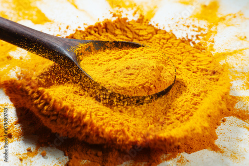 Indian food or spice called turmeric powder and spoon isolated on white background 