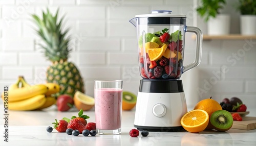 A blender loaded with assorted fruits next to a fresh fruit smoothie glass.