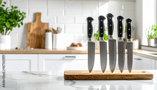 Sharp chef knives neatly arranged in a knife holder on a counter.
