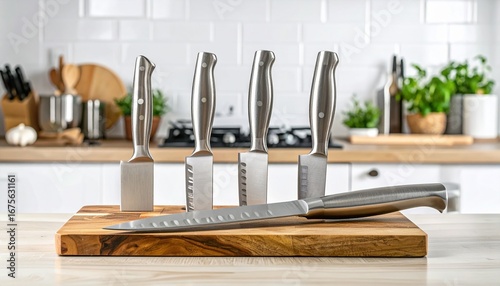 Set of kitchen knives in a modern knife block on a white countertop.