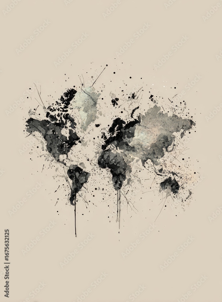 Fototapeta premium Abstract world map, muted tones, splattered design