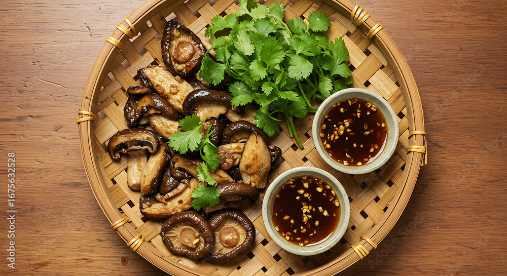 Fototapeta premium Sauteed shiitake mushrooms with coriander in a woven basket