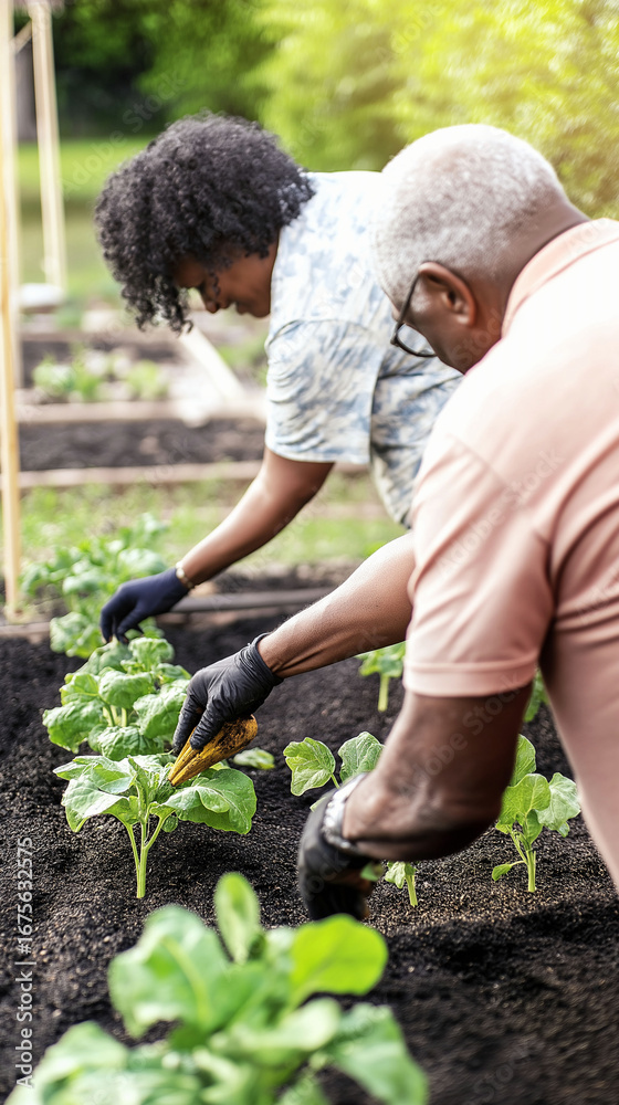 Fototapeta premium Couple gardening in a community plot during warm sunny day