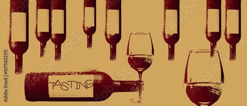 Wine tasting poster, restaurant banner, drink party, vector design of alcohol bottle, glasses, texture of abrasions, grunge. Banner wine bar, drunkenness, red wine, white, chardonnay, cabernet, sommel