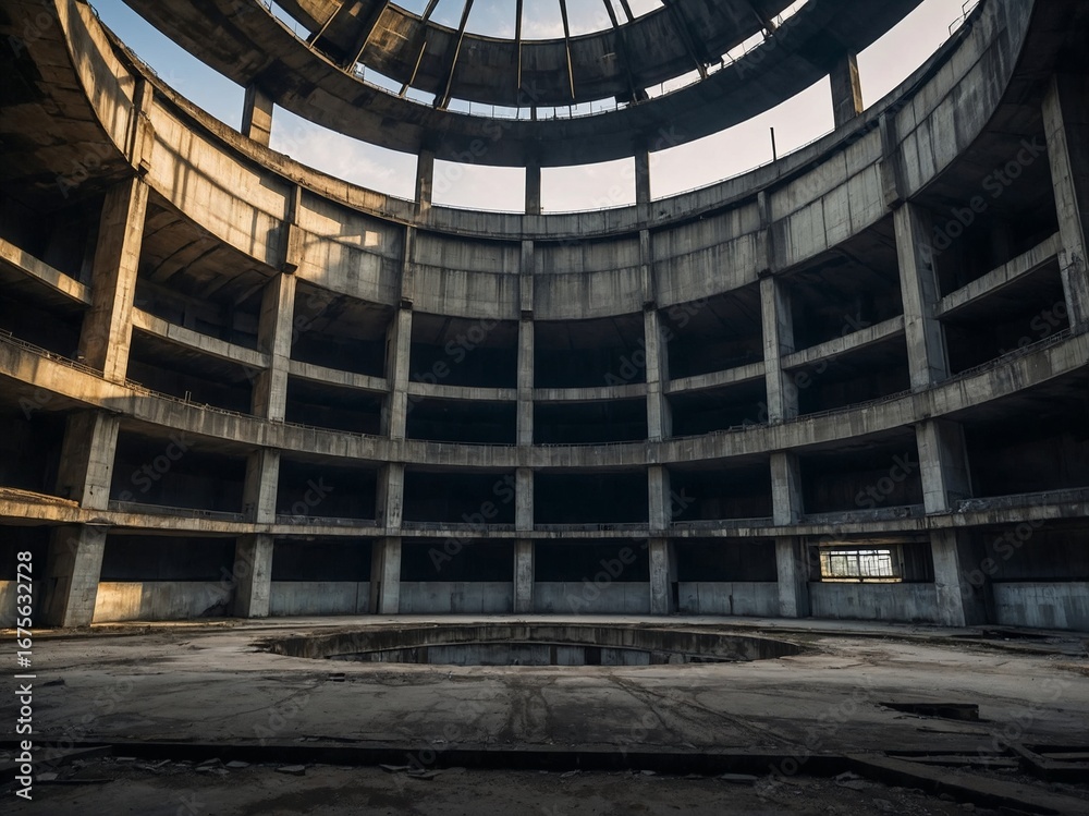 Fototapeta premium Abandoned Industrial Cooling Tower Interior With Dramatic Light Shafts