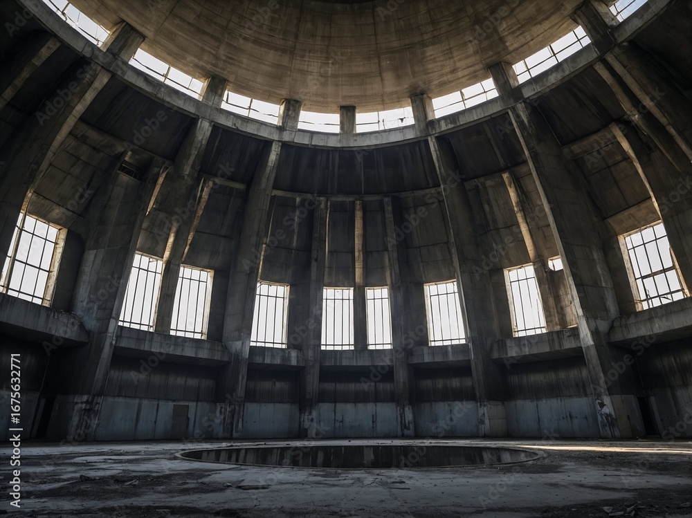 Obraz premium Abandoned Industrial Cooling Tower Interior With Dramatic Light Shafts