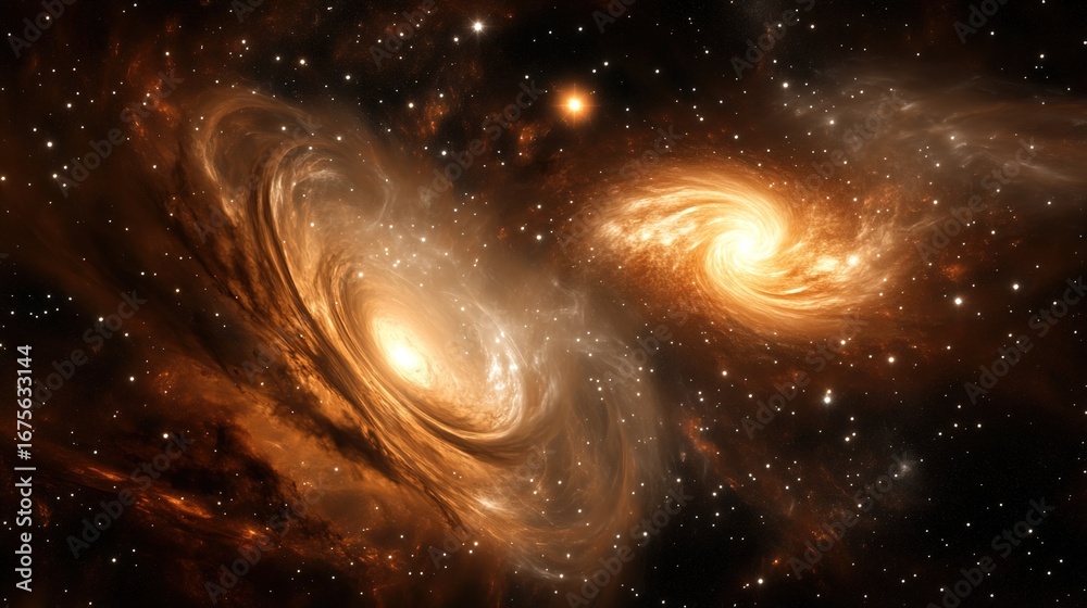 Obraz premium Golden Cosmic Scene - Planets And Nebulae In Brilliant Starry Sky Sci - Fi Space Material