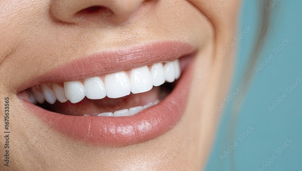 Obraz premium Close-up of a woman's mouth with a wide, healthy smile, showcasing bright, white teeth and soft pink lips
