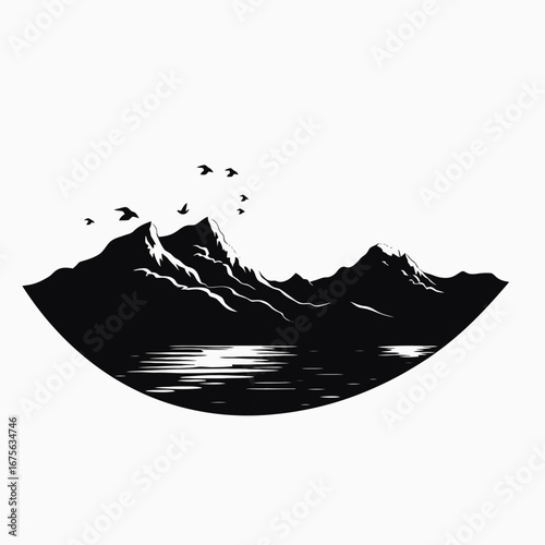 Tranquil mountain vista reflected in water creates a striking landscape silhouette