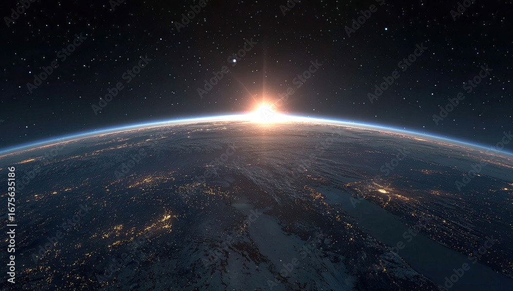 Obraz premium Earth at sunrise, seen from space. Detailed view of continents, cities illuminated, and a vibrant sunrise