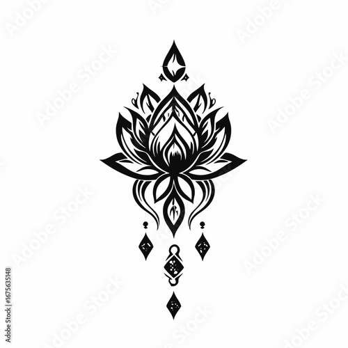Ornate lotus with pendant drops black and white vector art silhouette