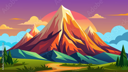 Vector art of vibrant mountain landscape with colorful sunset, green valley, and winding path, creating a scenic and inviting outdoor travel destination